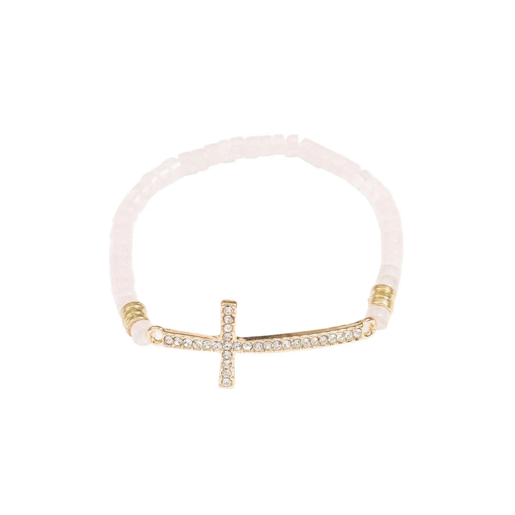 CROSS RHINESTONE WITH NATURAL STONE BEADS STRETCH BRACELET - Beautifeye Boutique