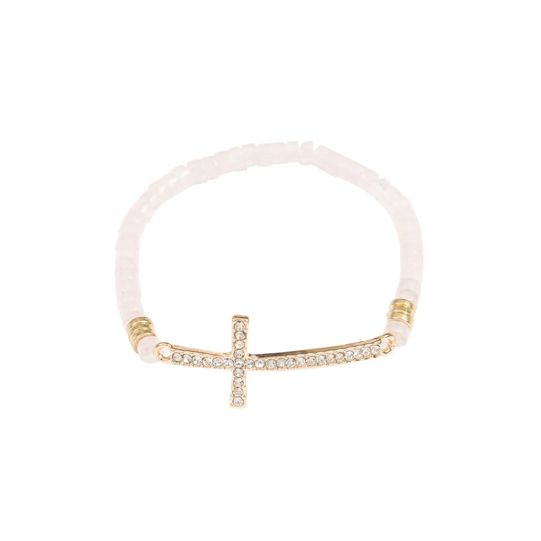 CROSS RHINESTONE WITH NATURAL STONE BEADS STRETCH BRACELET - Beautifeye Boutique