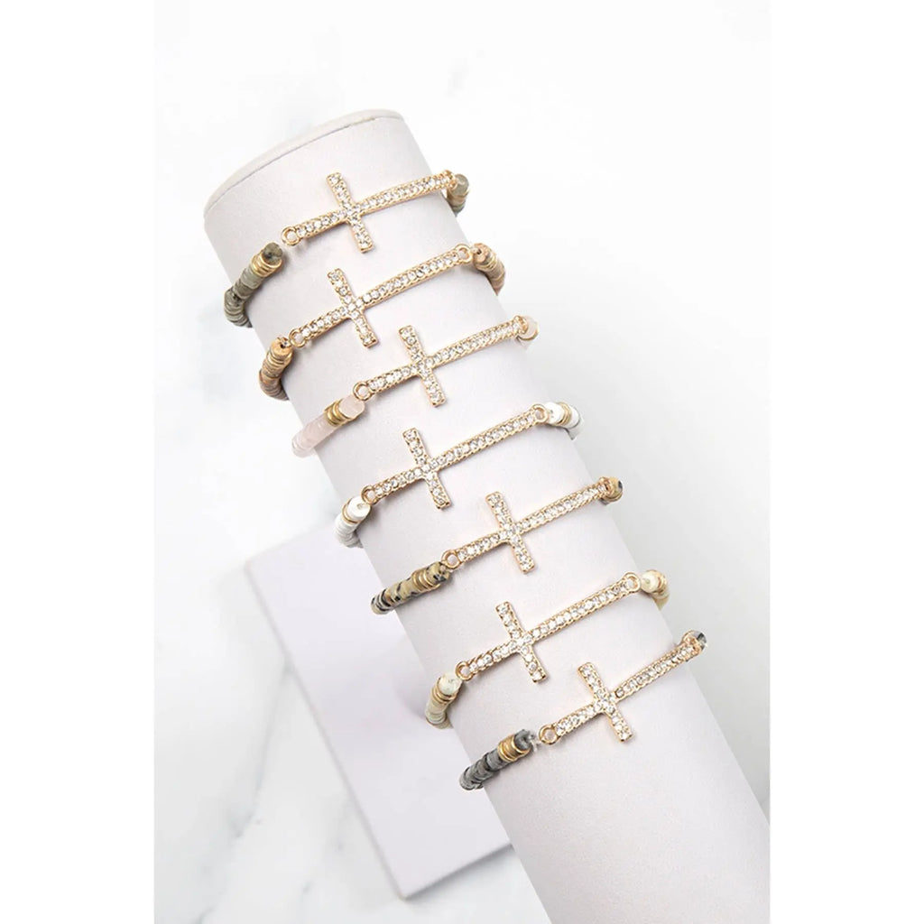 CROSS RHINESTONE WITH NATURAL STONE BEADS STRETCH BRACELET - Beautifeye Boutique
