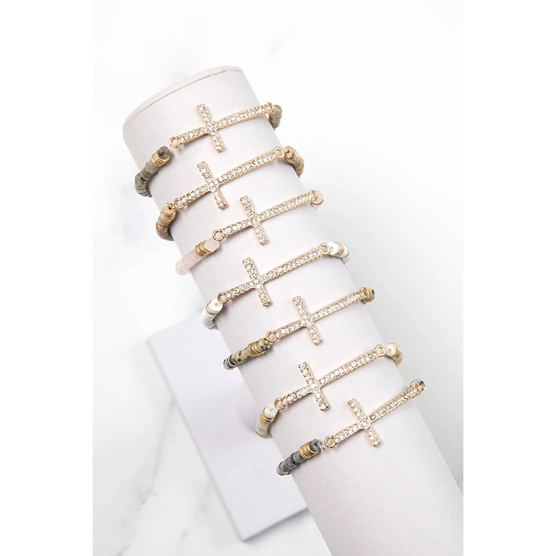 CROSS RHINESTONE WITH NATURAL STONE BEADS STRETCH BRACELET - Beautifeye Boutique