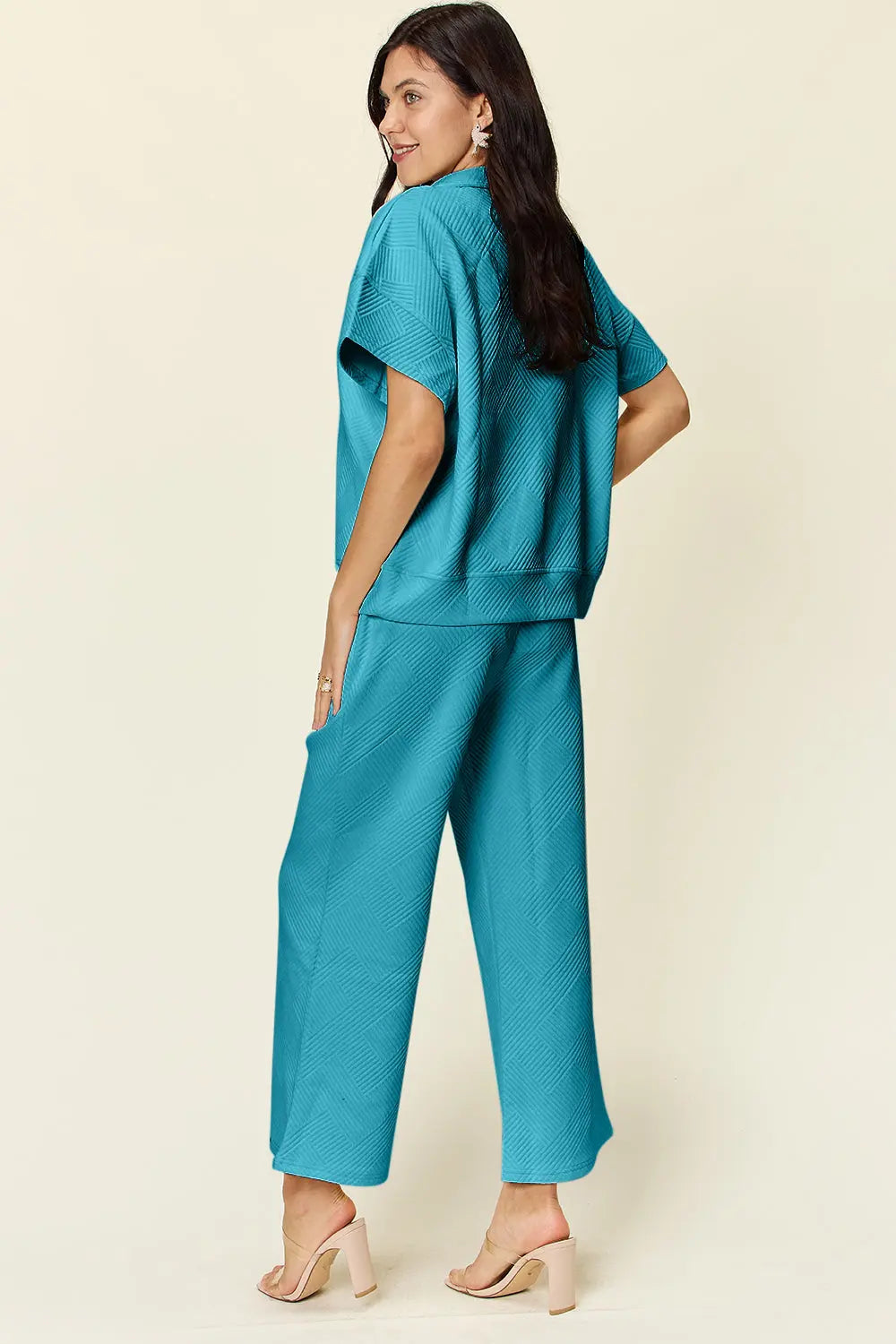Double Take Full Size Texture Half Zip Short Sleeve Top and Pants Set - Beautifeye Boutique