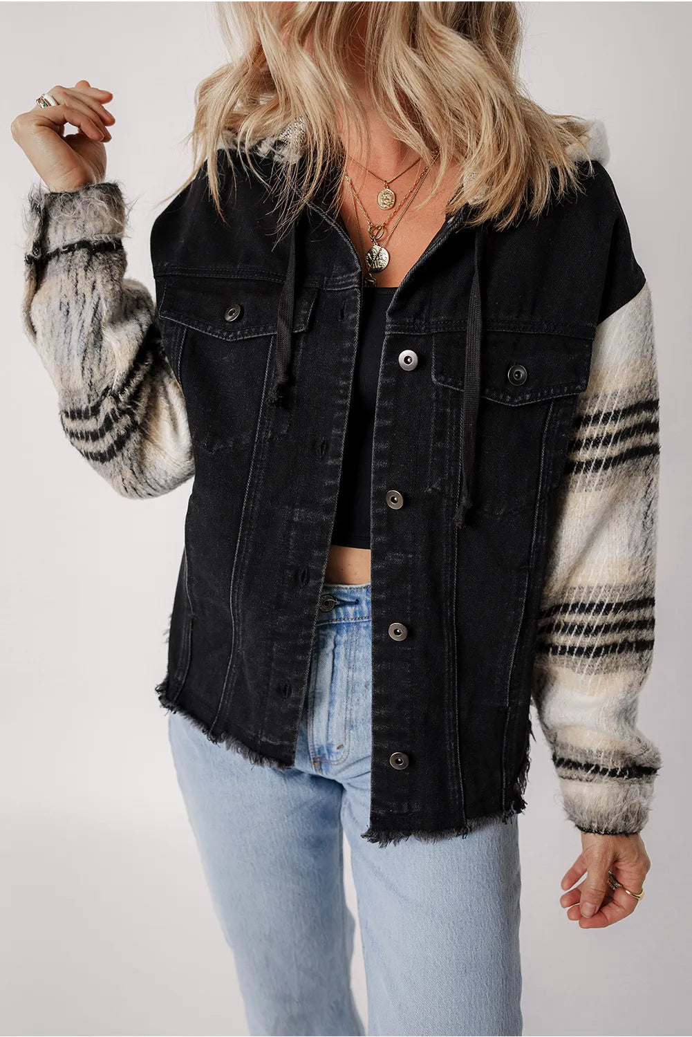 Drawstring Raw Hem Button Up Hooded Denim Jacket - Beautifeye Boutique