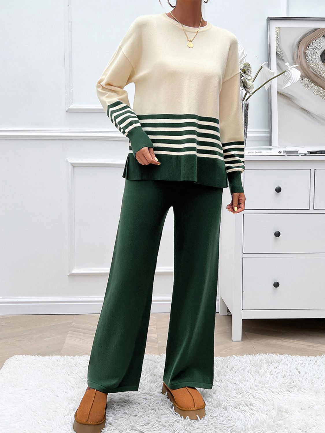 Devine Slit Striped Round Neck Top and Pants Sweater Set Trendsi