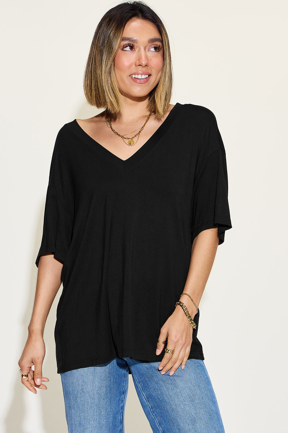 Basic Bae Full Size Bamboo V-Neck Drop Shoulder T-Shirt - Beautifeye Boutique