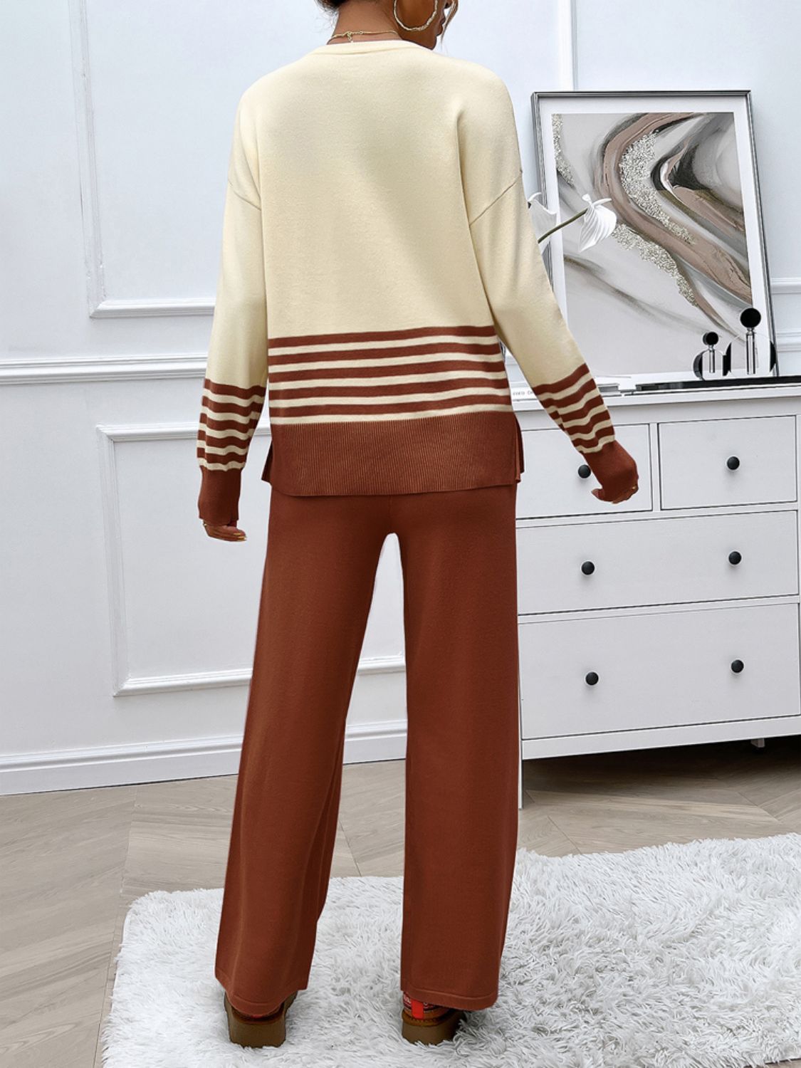 Devine Slit Striped Round Neck Top and Pants Sweater Set Trendsi