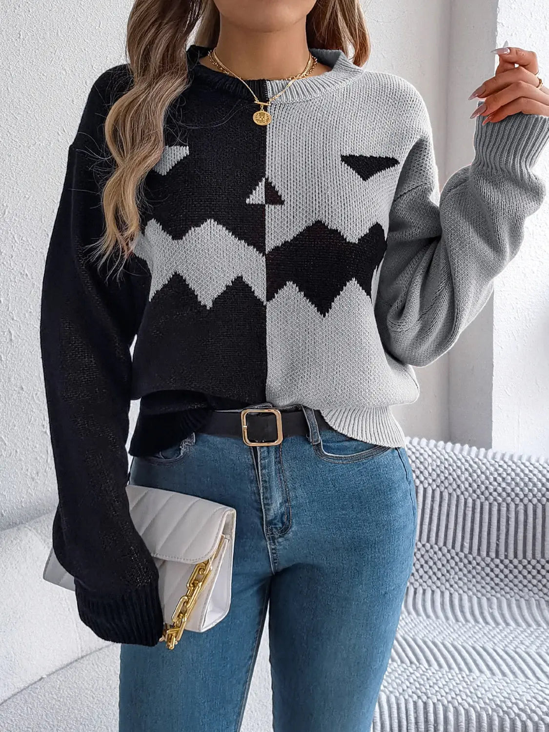 Contrast Round Neck Long Sleeve Sweater - Beautifeye Boutique