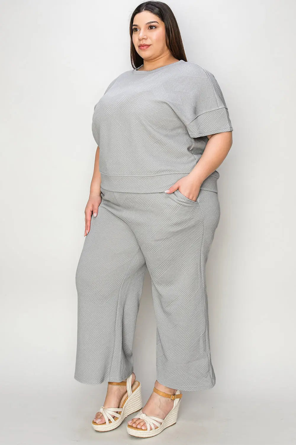 Double Take Full Size Texture Short Sleeve Top and Pants Set - Beautifeye Boutique