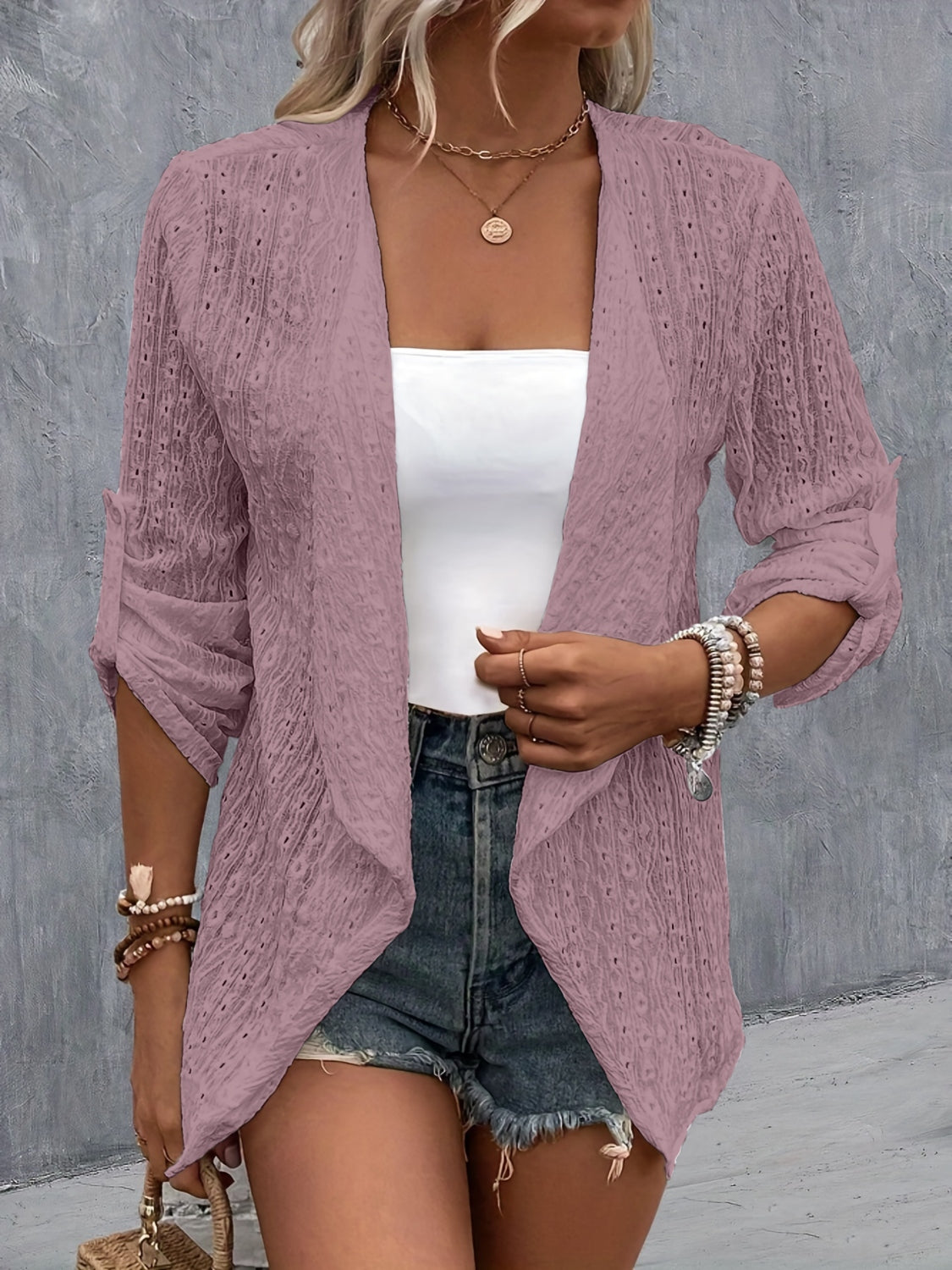 Eyelet Roll-Tab Sleeve Cardigan - Beautifeye Boutique