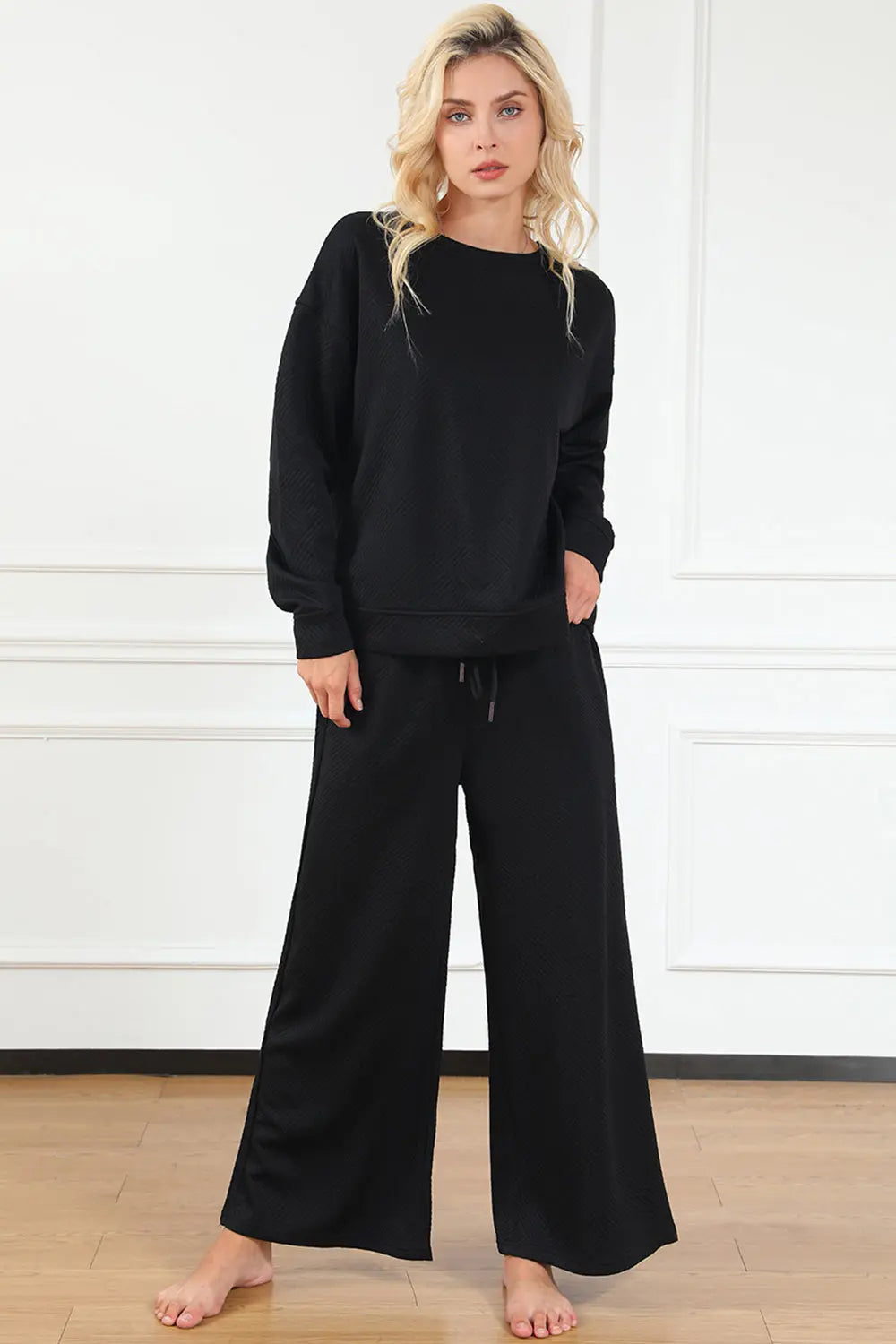 Double Take Full Size Textured Long Sleeve Top and Drawstring Pants Set - Beautifeye Boutique
