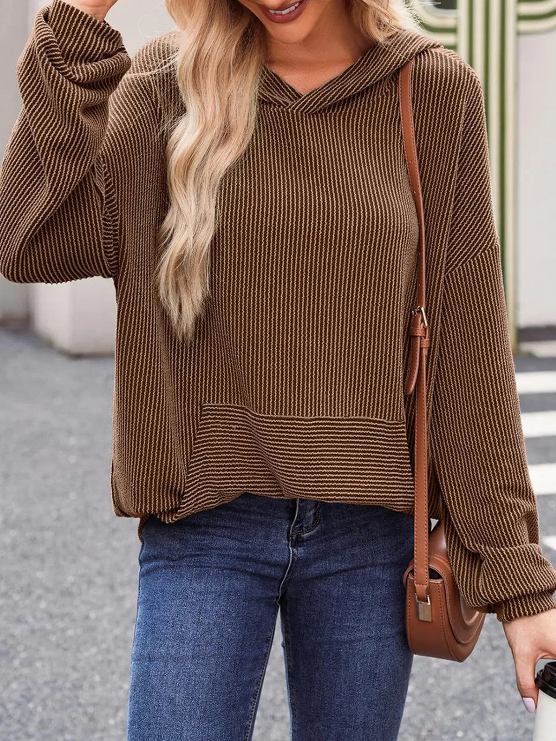 Double Take Textured Kangaroo Pocket Long Sleeve Hoodie - Beautifeye Boutique