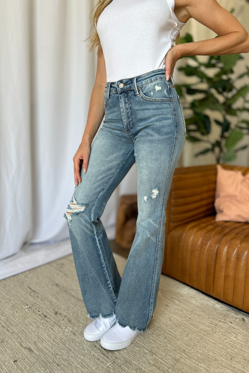 Judy Blue Full Size Medium Rise Tummy Control Destroy Flare - Beautifeye Boutique