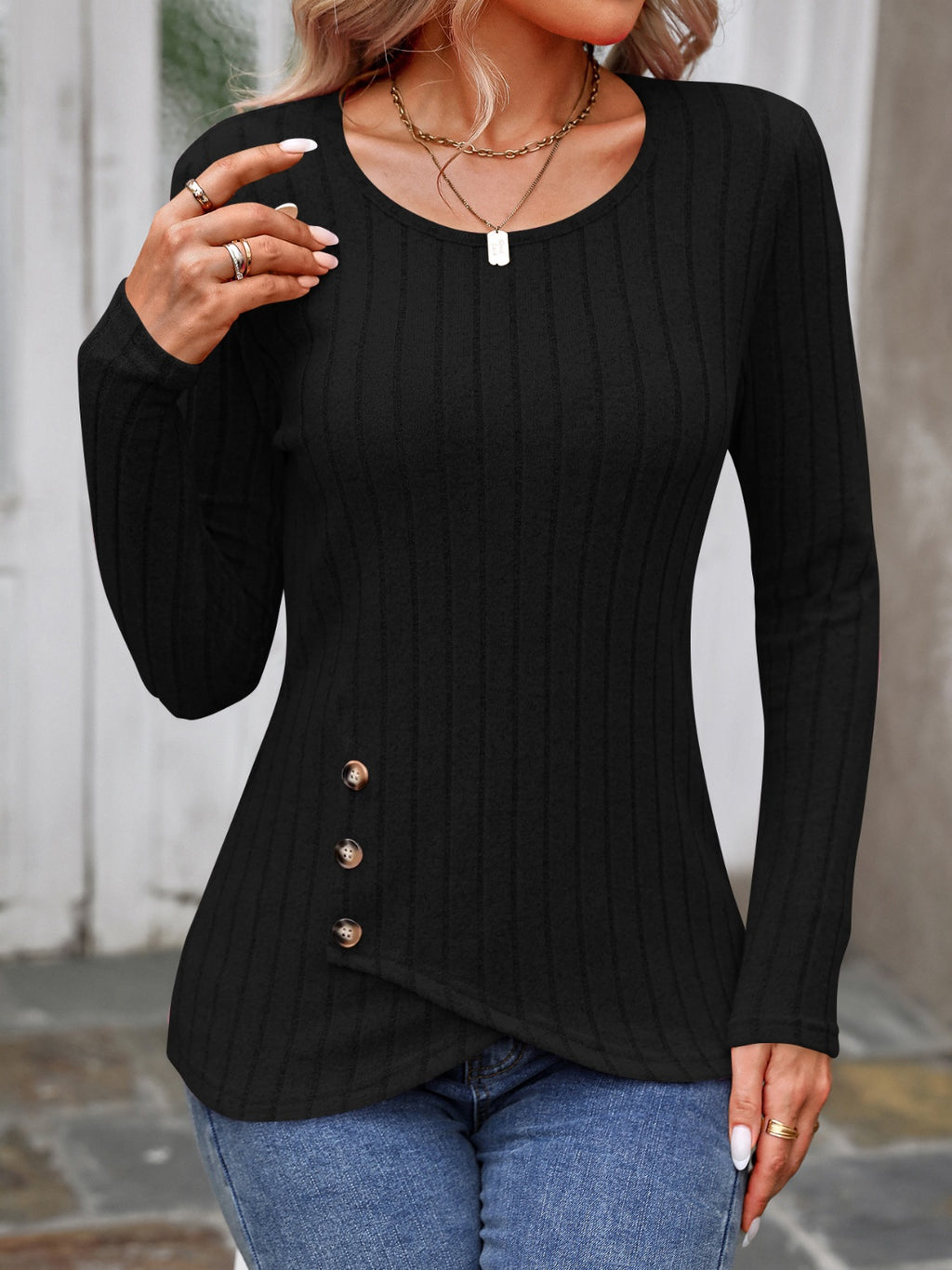 Decorative Button Round Neck Long Sleeve T-Shirt - Beautifeye Boutique