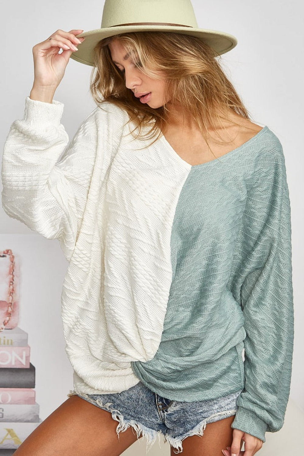 BiBi Twist Front Contrast Cable Knit Top - Beautifeye Boutique
