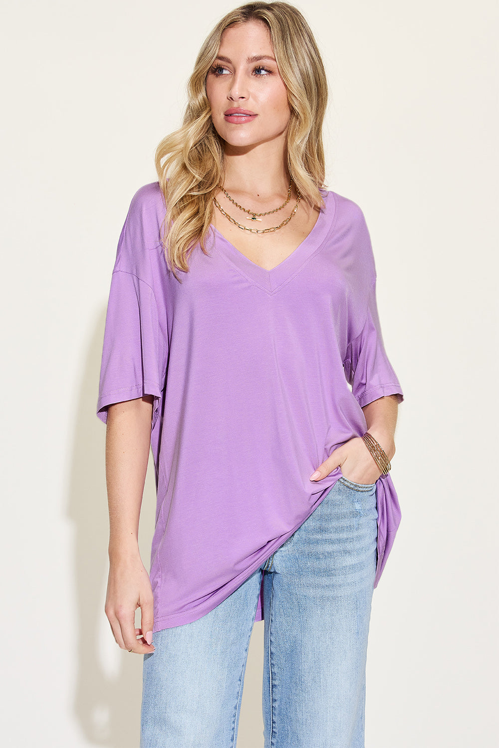 Basic Bae Full Size Bamboo V-Neck Drop Shoulder T-Shirt - Beautifeye Boutique