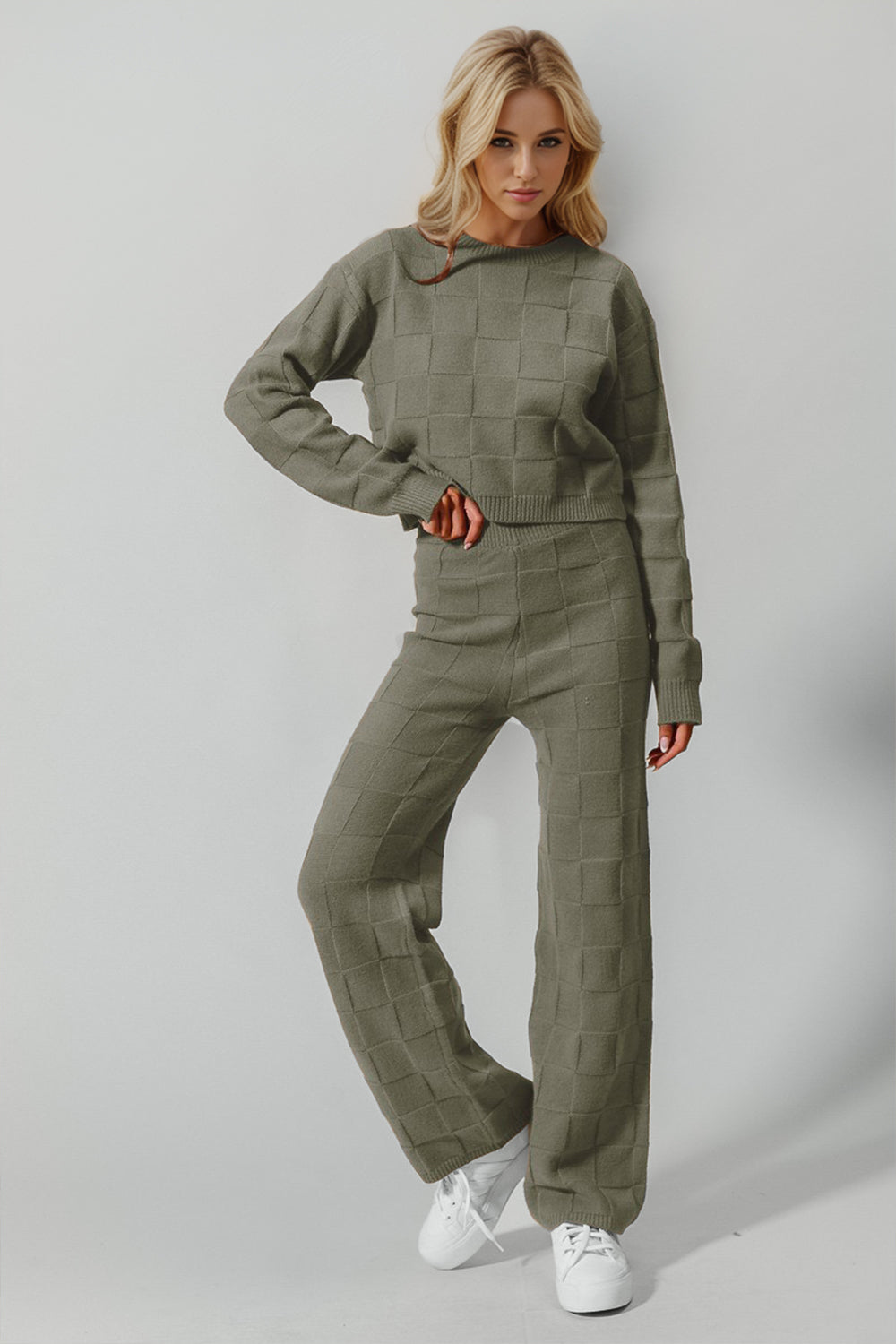 Double Take Full Size Checkered Round Neck Top and Pants Set - Beautifeye Boutique