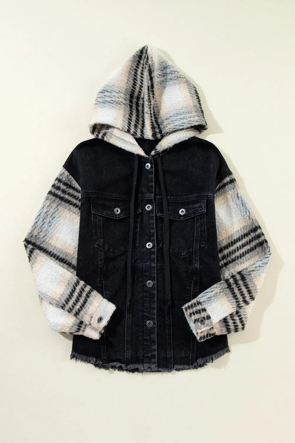 Drawstring Raw Hem Button Up Hooded Denim Jacket - Beautifeye Boutique