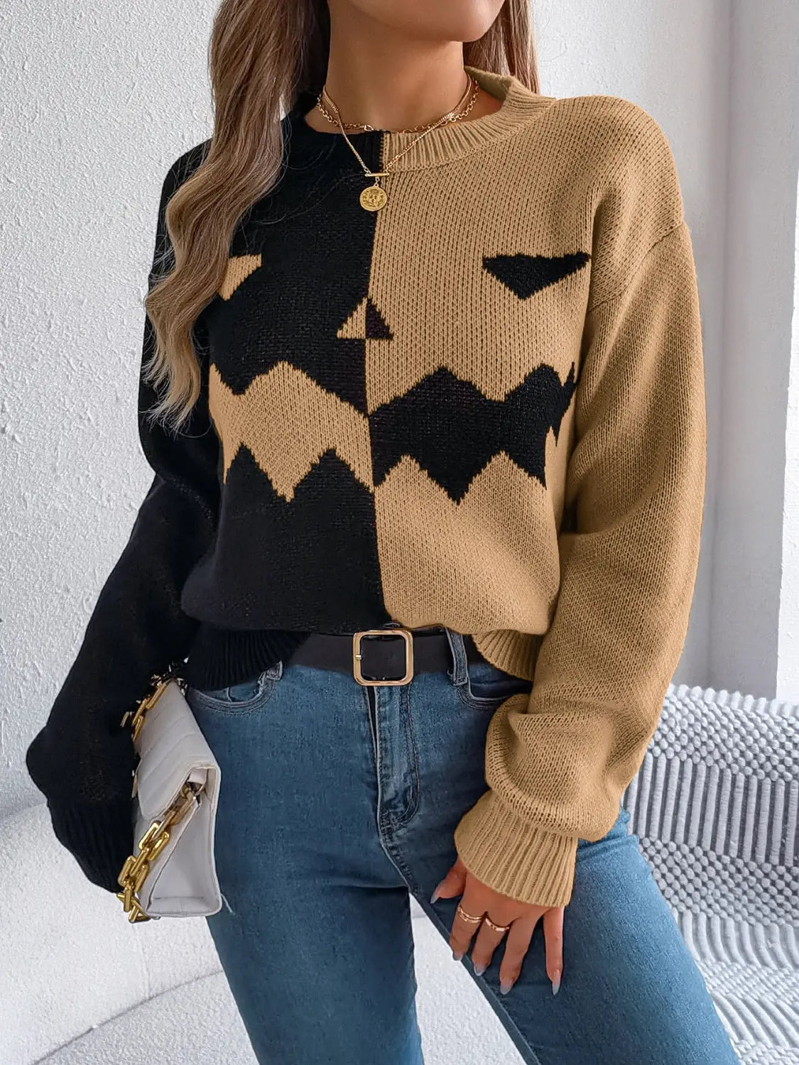 Contrast Round Neck Long Sleeve Sweater - Beautifeye Boutique