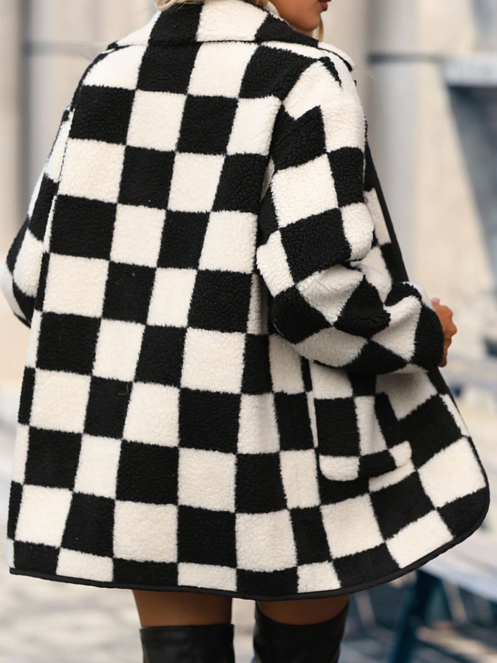 Double Take Full Size Checkered Button Front Coat with Pockets - Beautifeye Boutique