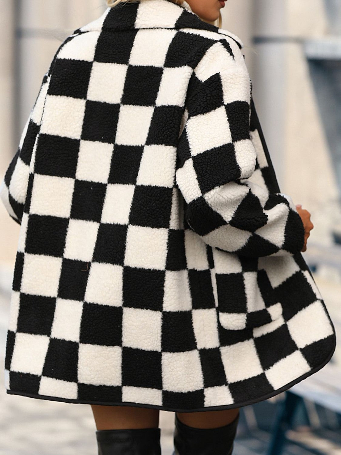 Double Take Full Size Checkered Button Front Coat with Pockets - Beautifeye Boutique