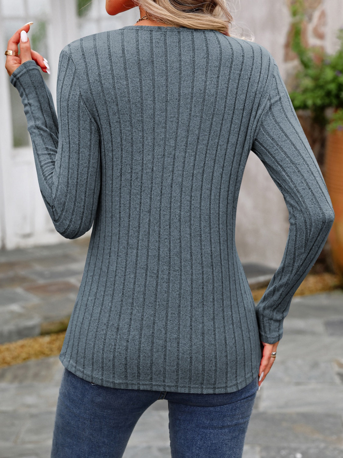 Decorative Button Round Neck Long Sleeve T-Shirt - Beautifeye Boutique