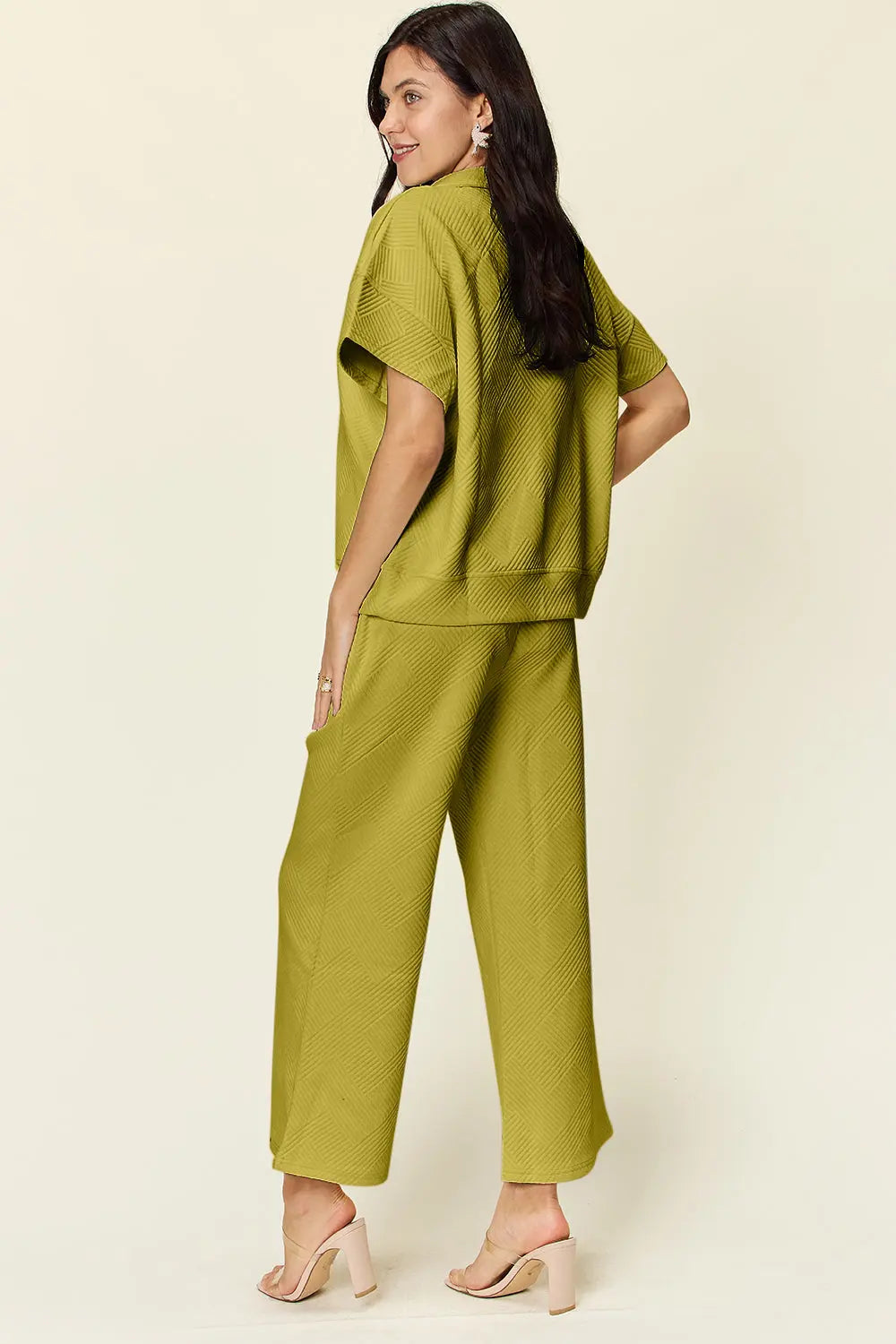 Double Take Full Size Texture Half Zip Short Sleeve Top and Pants Set - Beautifeye Boutique