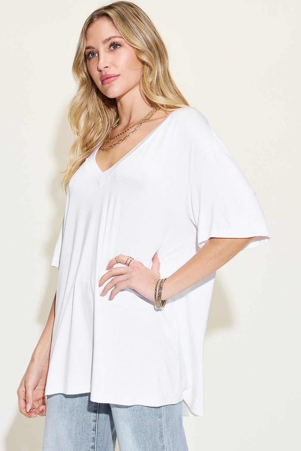 Basic Bae Full Size Bamboo V-Neck Drop Shoulder T-Shirt - Beautifeye Boutique