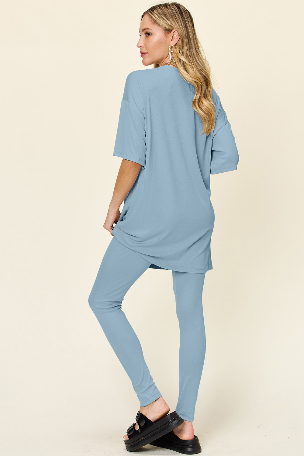 Double Take Full Size Round Neck Dropped Shoulder T-Shirt and Leggings Set - Beautifeye Boutique