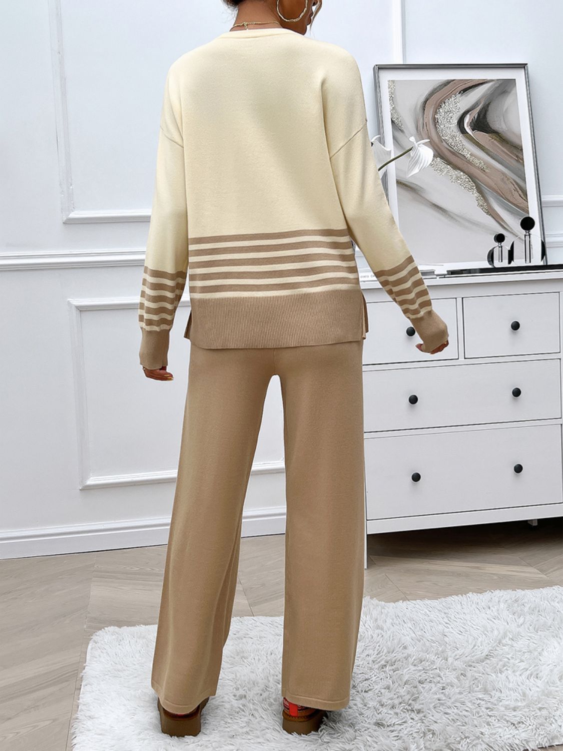 Devine Slit Striped Round Neck Top and Pants Sweater Set Trendsi