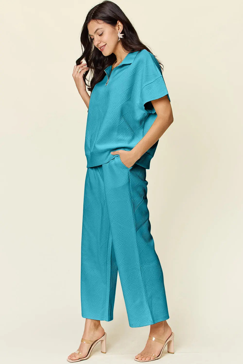 Double Take Full Size Texture Half Zip Short Sleeve Top and Pants Set - Beautifeye Boutique