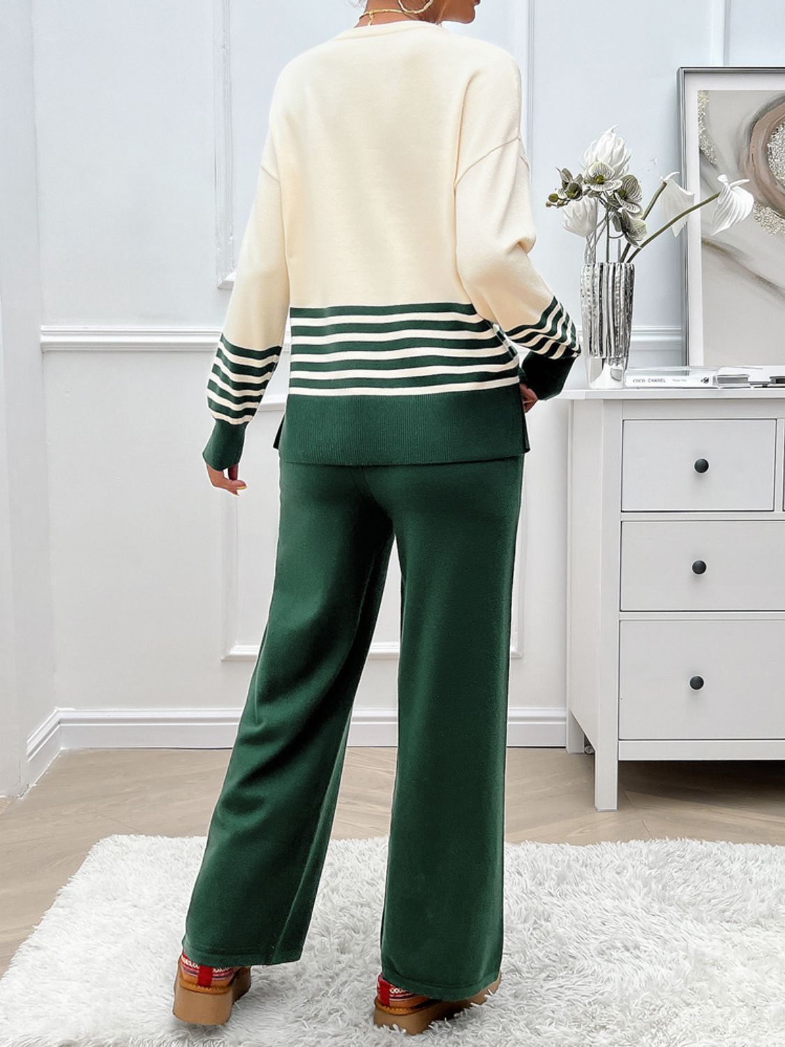 Devine Slit Striped Round Neck Top and Pants Sweater Set Trendsi
