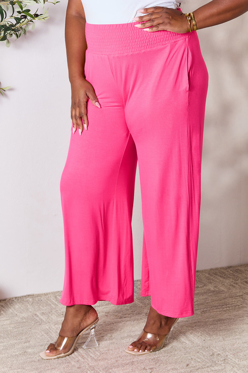 Double Take Full Size Smocked Wide Waistband Wide Leg Pants - Beautifeye Boutique