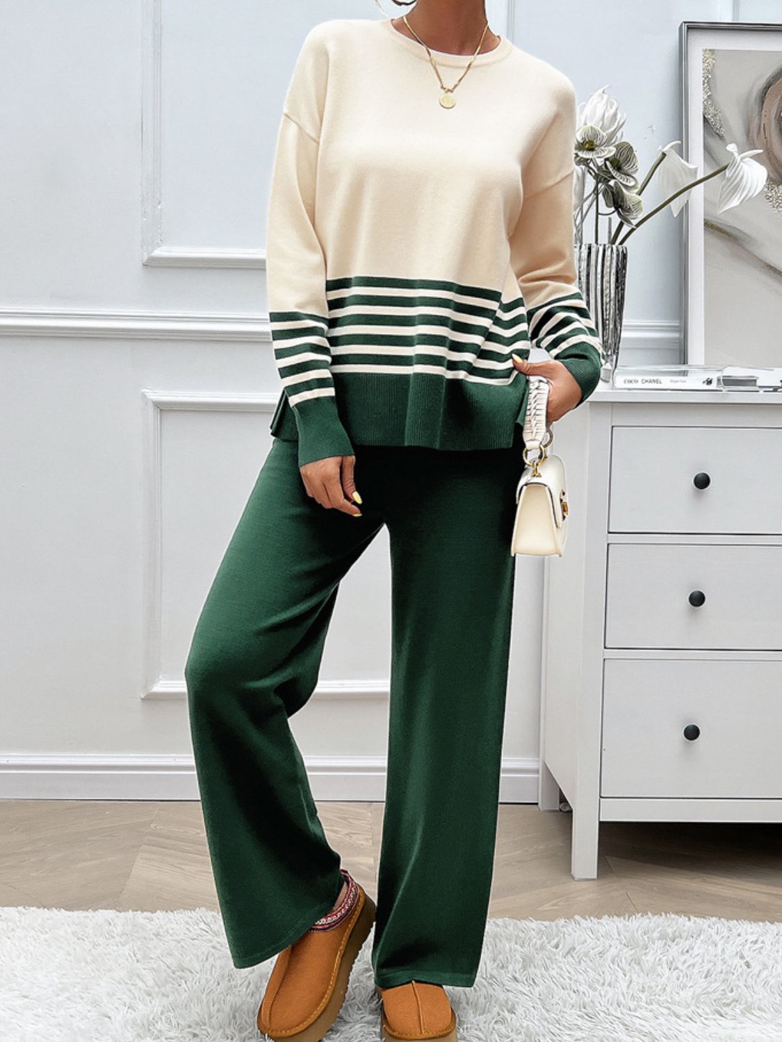Devine Slit Striped Round Neck Top and Pants Sweater Set Trendsi