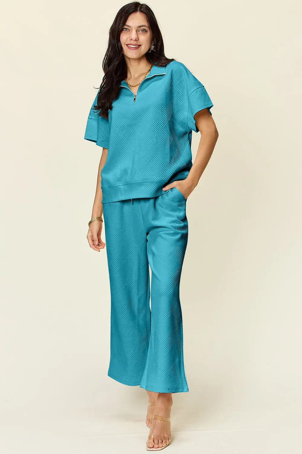 Double Take Full Size Texture Half Zip Short Sleeve Top and Pants Set - Beautifeye Boutique