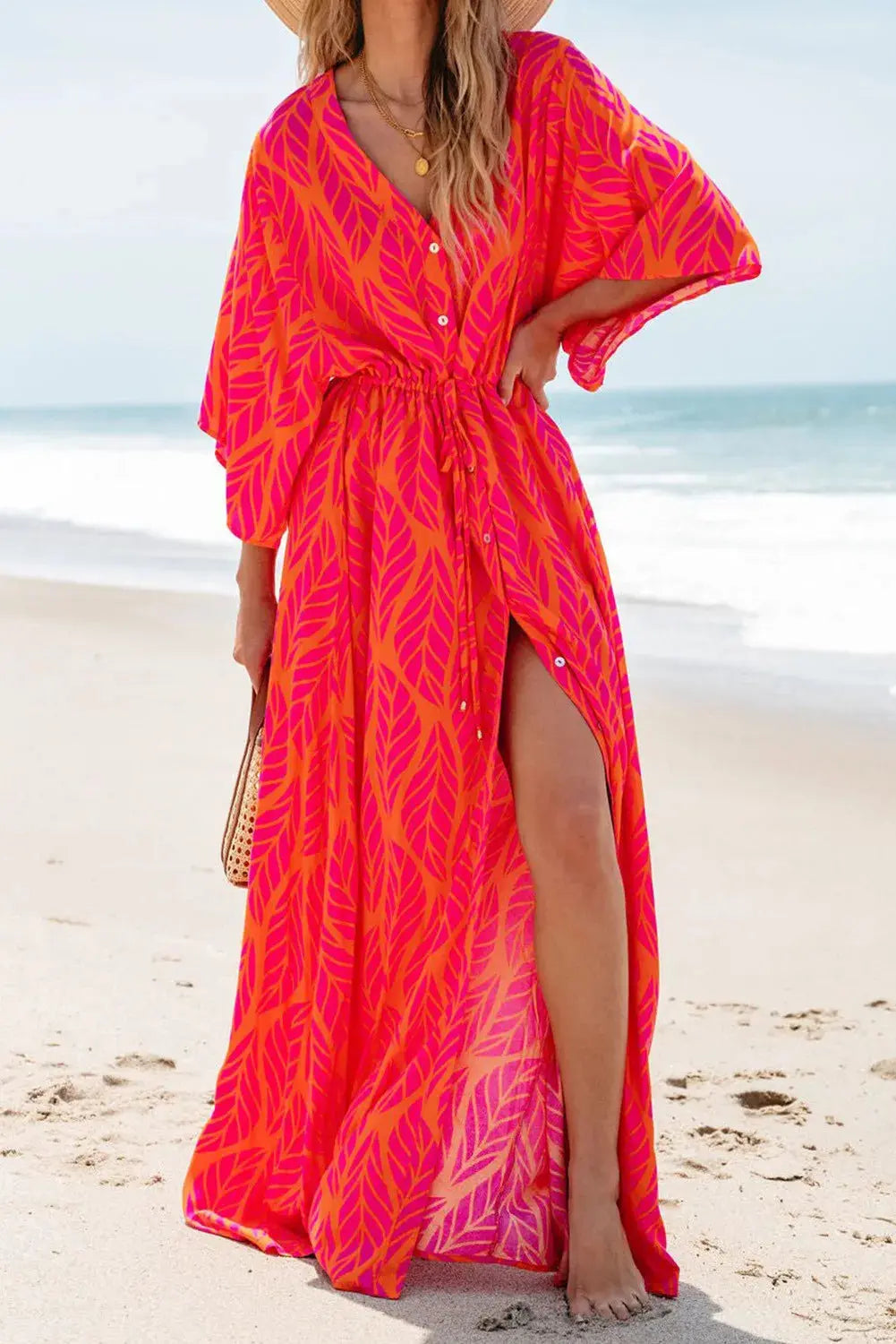 Drawstring Printed V-Neck Maxi Dress - Beautifeye Boutique