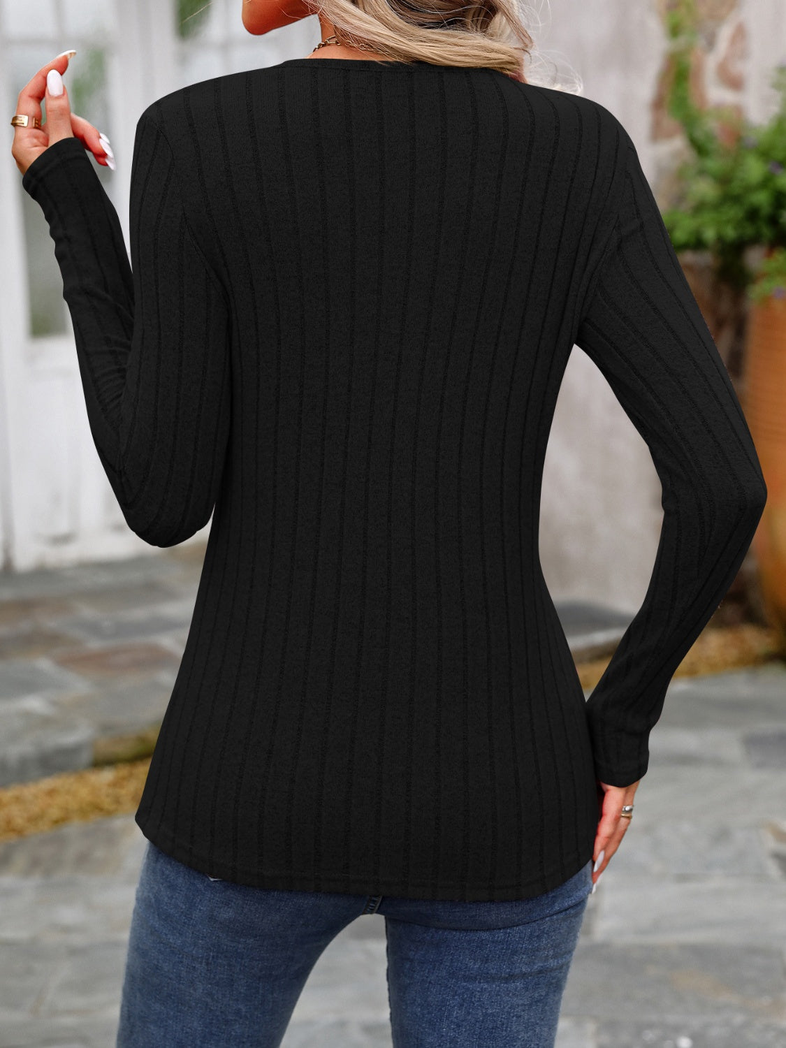 Decorative Button Round Neck Long Sleeve T-Shirt - Beautifeye Boutique