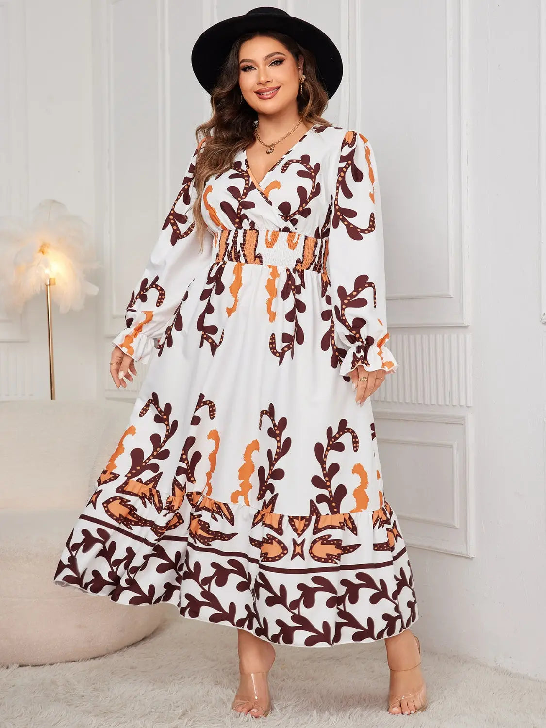 Honey Plus Size Printed Surplice Flounce Sleeve Dress - Beautifeye Boutique