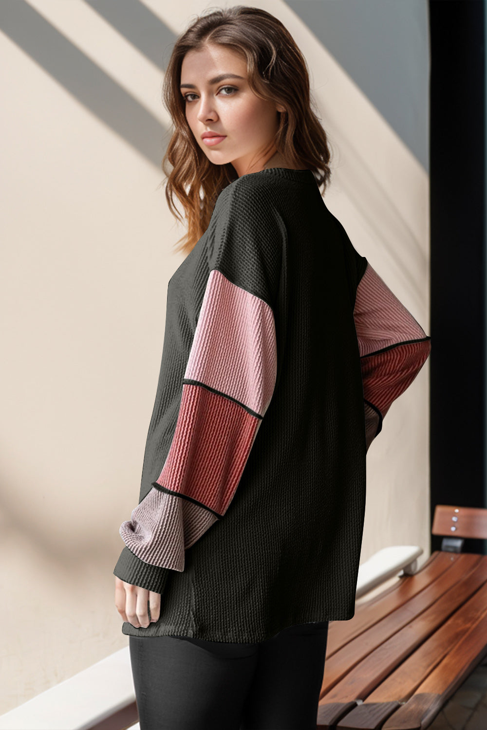 Double Take Full Size Color Block Round Neck Long Sleeve T-Shirt - Beautifeye Boutique
