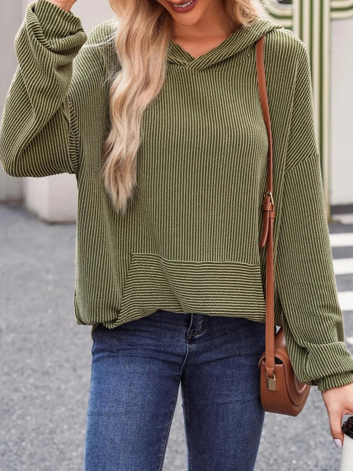 Double Take Textured Kangaroo Pocket Long Sleeve Hoodie - Beautifeye Boutique