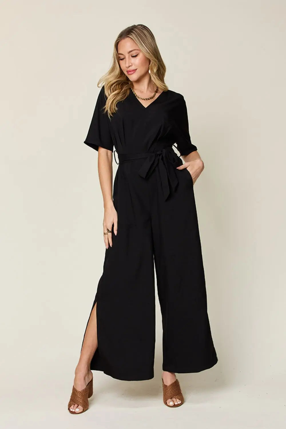 Double Take Full Size V-Neck Tied Side Slit Jumpsuit - Beautifeye Boutique