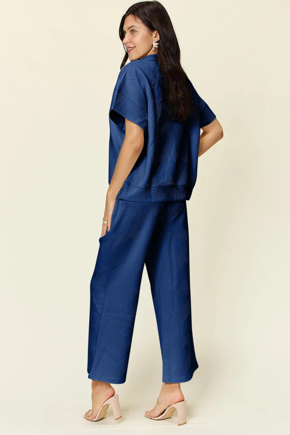 Double Take Full Size Texture Half Zip Short Sleeve Top and Pants Set - Beautifeye Boutique