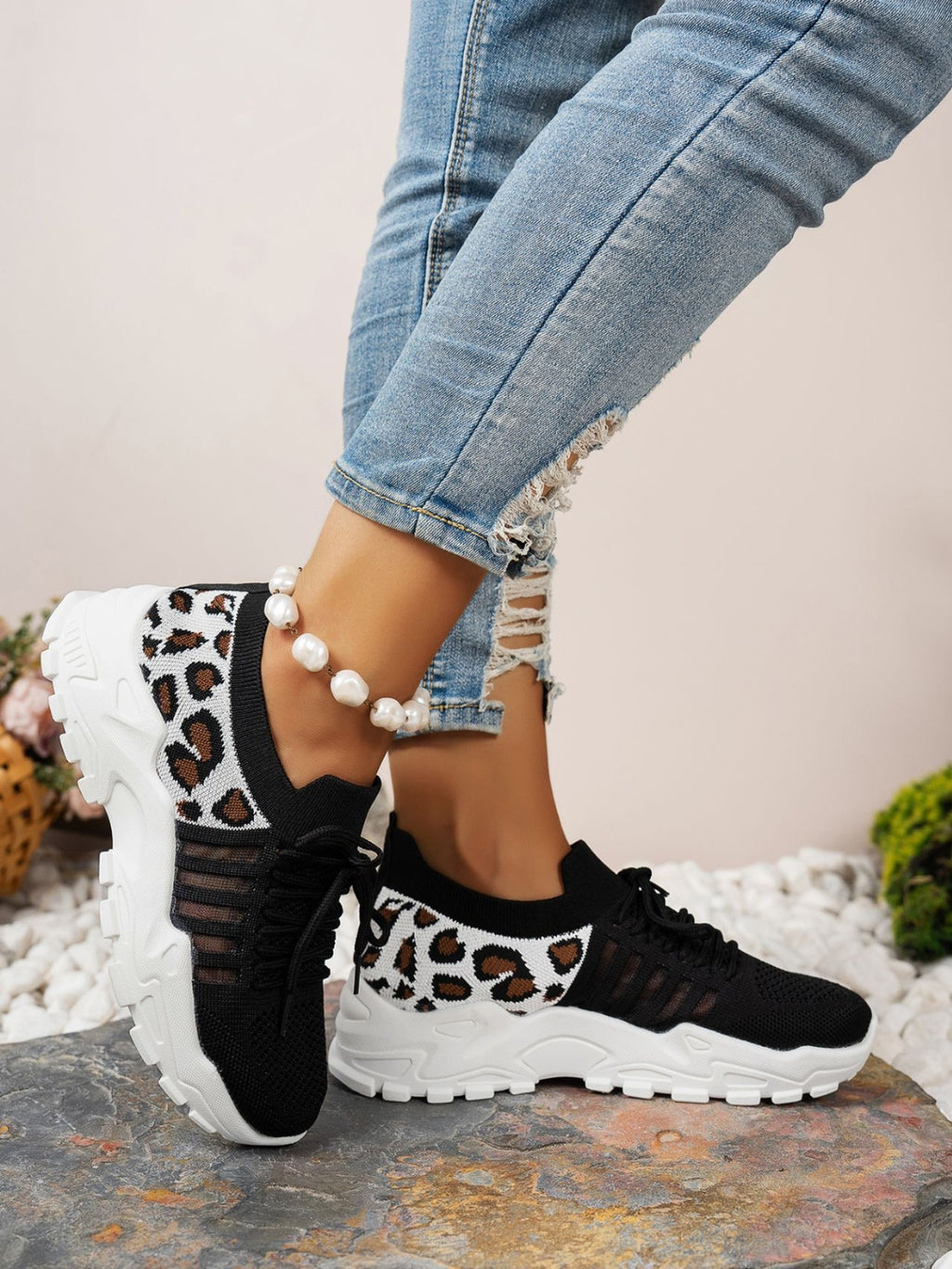Cutout Leopard Lace Up Mesh Athletic - Beautifeye Boutique