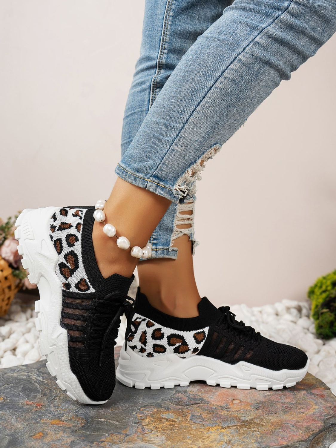 Cutout Leopard Lace Up Mesh Athletic - Beautifeye Boutique