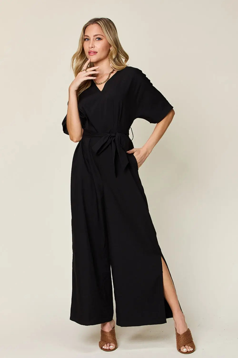 Double Take Full Size V-Neck Tied Side Slit Jumpsuit - Beautifeye Boutique
