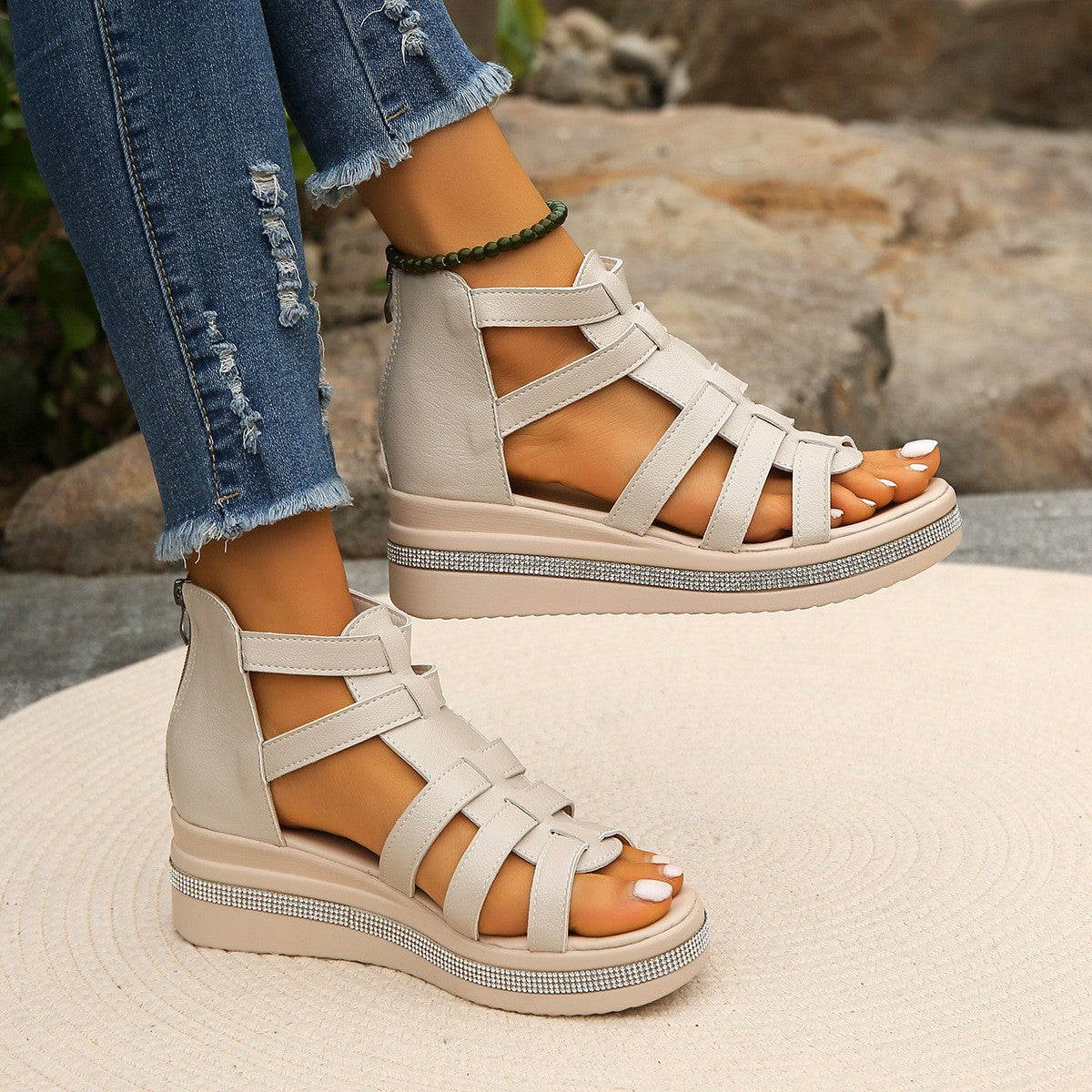Cutout Rhinestone Trim Wedge Sandals - Beautifeye Boutique