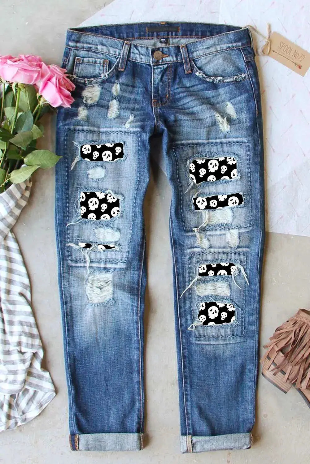 Distressed Skeleton Pattern Jeans with Pockets - Beautifeye Boutique