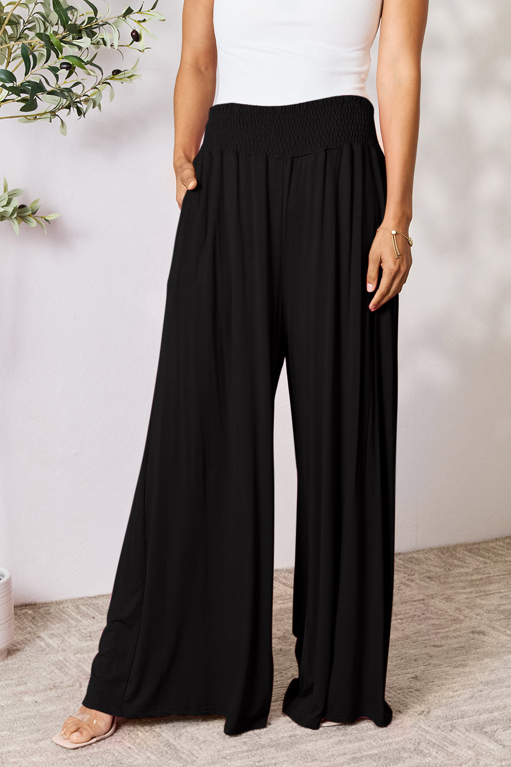 Double Take Full Size Smocked Wide Waistband Wide Leg Pants - Beautifeye Boutique