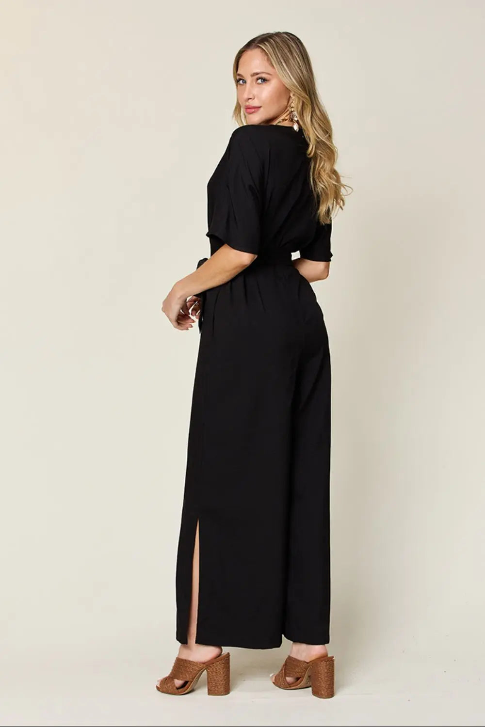 Double Take Full Size V-Neck Tied Side Slit Jumpsuit - Beautifeye Boutique
