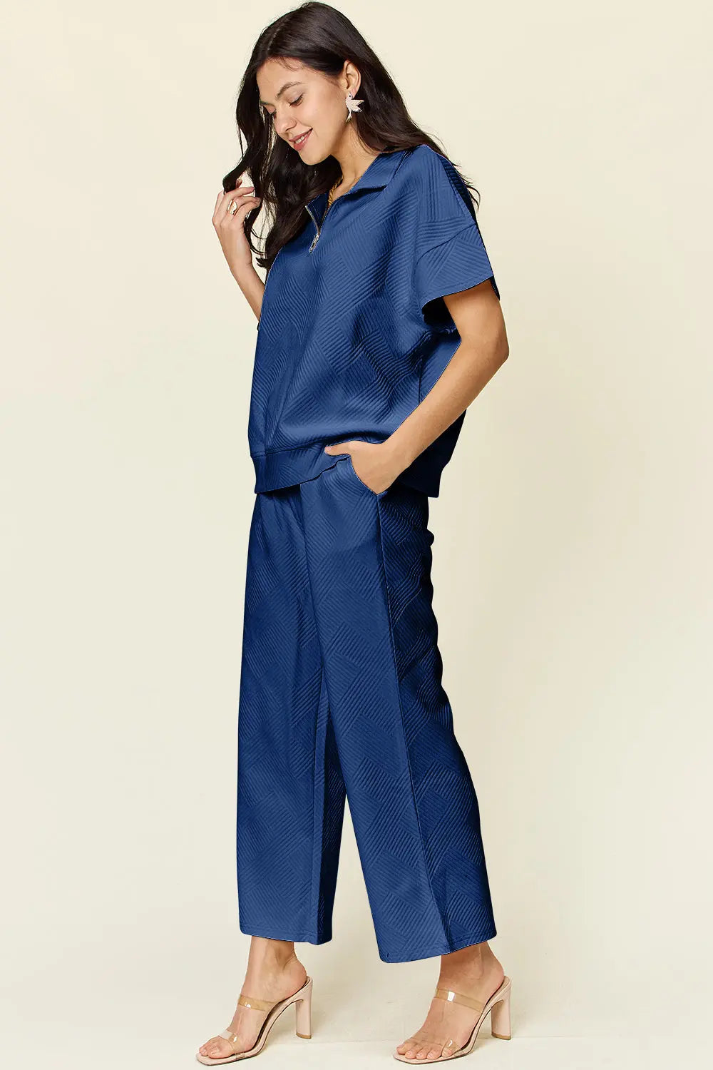 Double Take Full Size Texture Half Zip Short Sleeve Top and Pants Set - Beautifeye Boutique