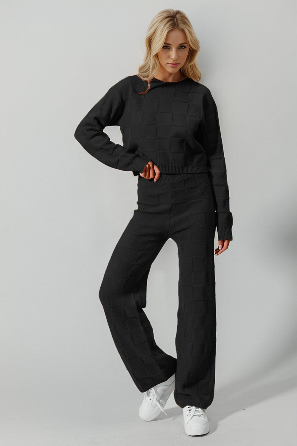 Double Take Full Size Checkered Round Neck Top and Pants Set - Beautifeye Boutique