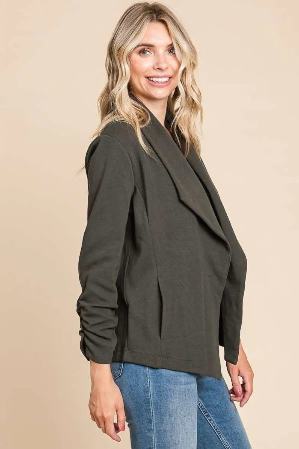 Culture Code Full Size Ruched Open Front Long Sleeve Jacket - Beautifeye Boutique